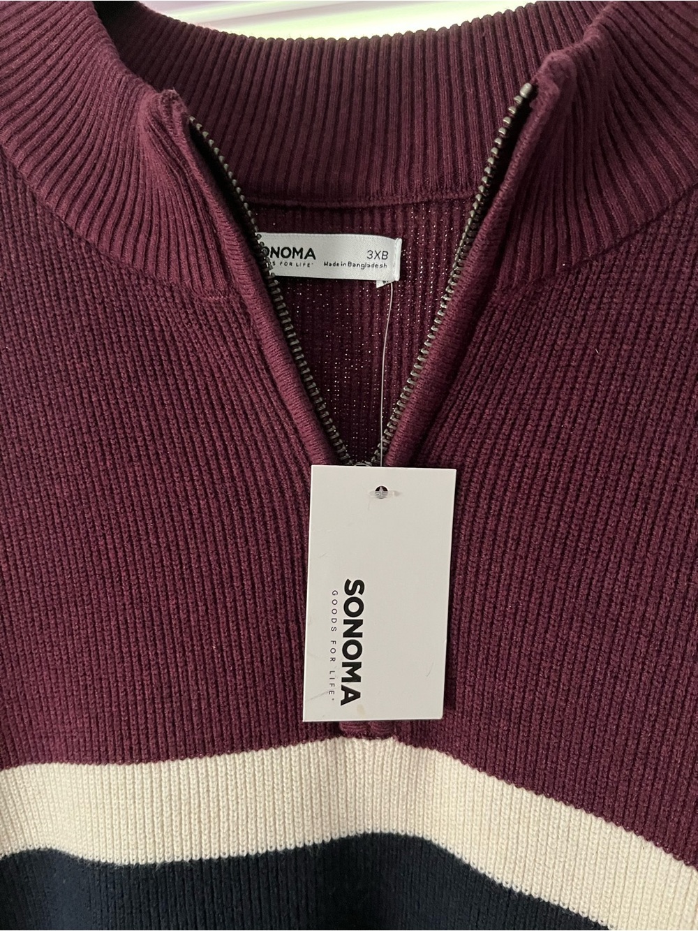Men’s 3XL Sonoma Ribbed Half-Zip Sweater in Burgundy with Cream & Navy Stripes